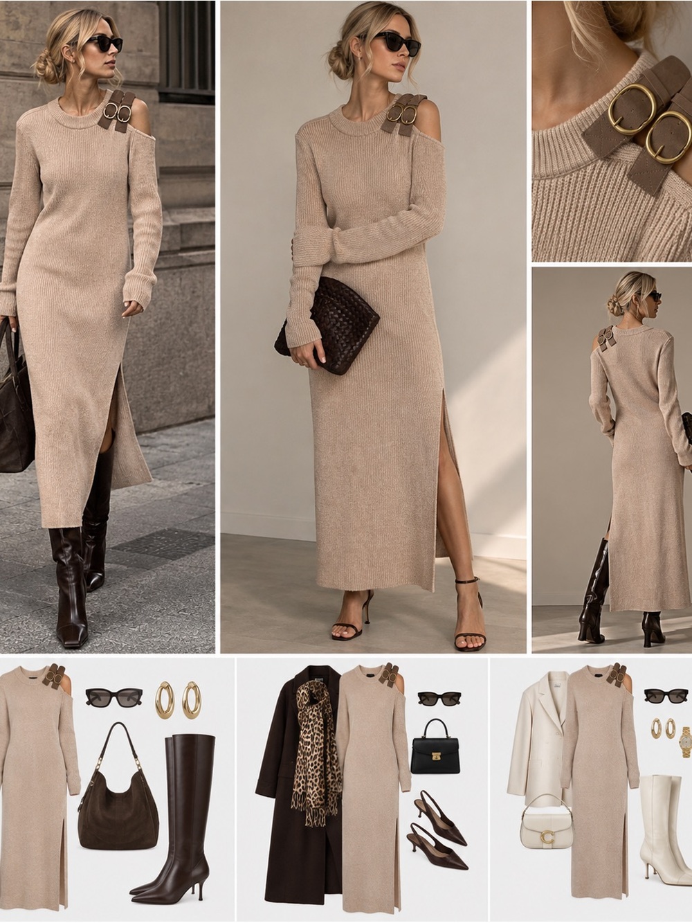 Donna Karan New York Beige Cold Shoulder Buckle Knit Maxi Dress